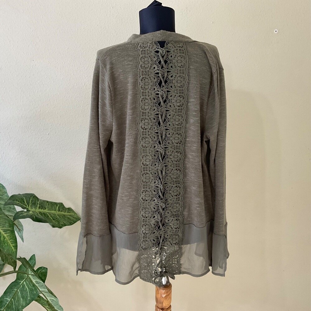 August Silk Cardigan Sweater M Open Front Lace Up Back Crochet mixed media